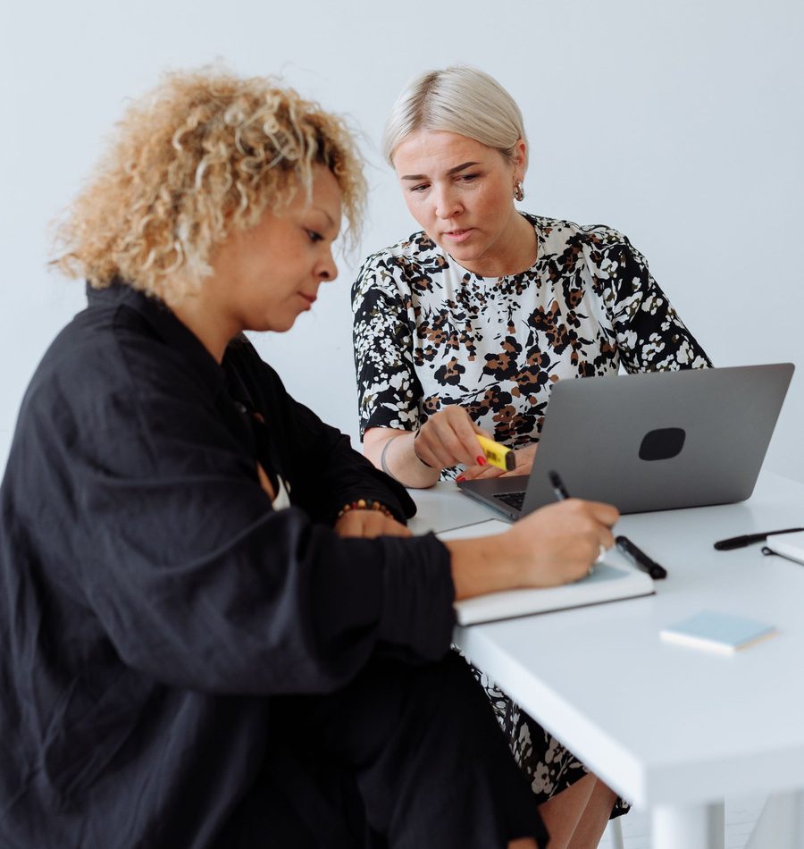 A business owner and an associate working through notes together at a laptop